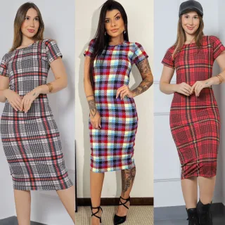 Moda Inverno Xadrez Colorido Vestido Midi Manga Curta - Xadrez Vermelho