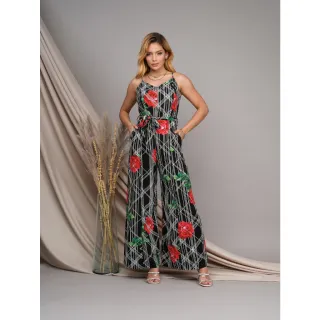 Macacão estampado feminino de alcinha em crepe toque de seda com pantalona - Azul