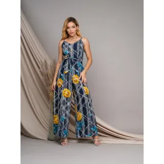 Macacão estampado feminino de alcinha em crepe toque de seda com pantalona - Azul