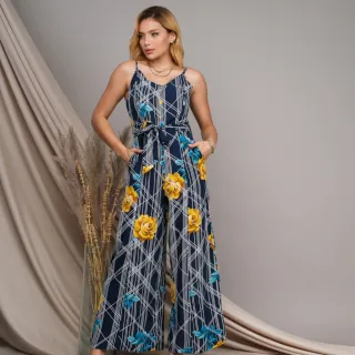 Macacão estampado feminino de alcinha em crepe toque de seda com pantalona - Azul