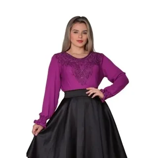 REF258 Blusa Social Feminina Manga Longa com Detalhes em Renda - Verde Militar