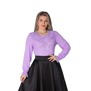 REF258 Blusa Social Feminina Manga Longa com Detalhes em Renda - Verde Militar