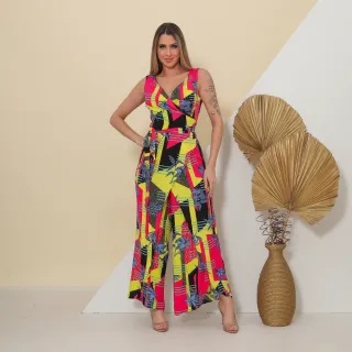 Y1126 - Macacão Estampado Pantalona Sem Manga Com Cinto - Verde