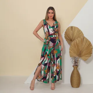 Y1126 - Macacão Estampado Pantalona Sem Manga Com Cinto - Verde