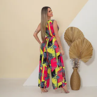 Y1126 - Macacão Estampado Pantalona Sem Manga Com Cinto - Verde