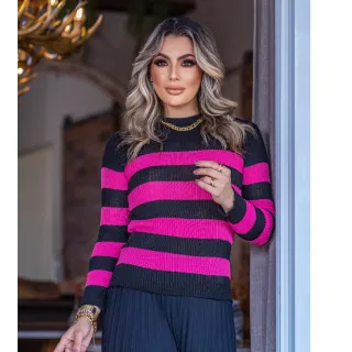 Moda Blogueira Blusa Feminina Tricot Básica Cacharel 2 Cores - Verde Bandeira/Preto