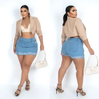 Saia Jeans Plus Size Feminino Curto Com Lycra - Azul marinho c/ botões