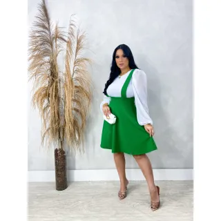 Moda Evangélica - Saia Godê Rodada Salopete com Suspensório - Preto