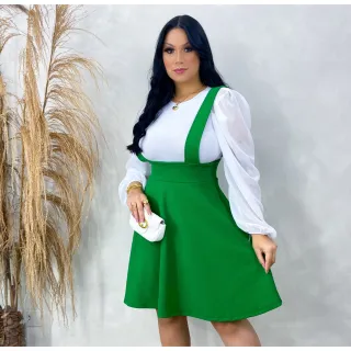 Moda Evangélica - Saia Godê Rodada Salopete com Suspensório - Preto