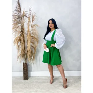 Moda Evangélica - Saia Godê Rodada Salopete com Suspensório - Preto