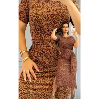 Vestido Longo Animal Print Feminino Midi - Estampado Onça Liso - - Lima c/ Lilas 2