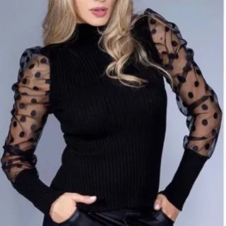 Blusa Tricot Preta e Branca com Manga em Tule - Estilo Elegante e Sofisticado - Branco