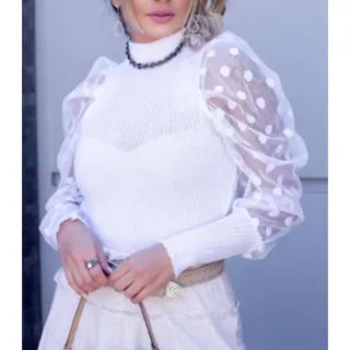 Blusa Tricot Preta e Branca com Manga em Tule - Estilo Elegante e Sofisticado - Branco