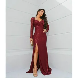 Madrinhas Festas Manga Longa Vestido Feminino Paetê Longo - Bordô