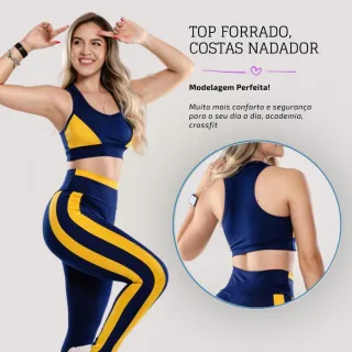 Fitness Conjunto Top + Legging - Feminino Academia Crossfit - Marinho / Amarelo