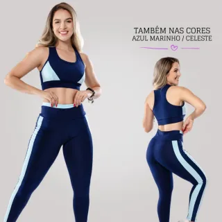 Fitness Conjunto Top + Legging - Feminino Academia Crossfit - Marinho / Amarelo