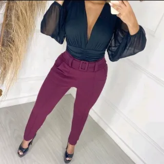 Malha Crepe Calça Feminina Skinny com Cinto Forrado - Cinza