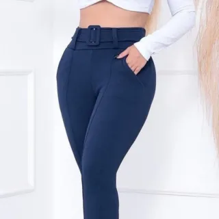 Malha Crepe Calça Feminina Skinny com Cinto Forrado - Cinza