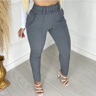 Malha Crepe Calça Feminina Skinny com Cinto Forrado - Cinza