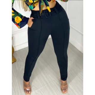 Malha Crepe Calça Feminina Skinny com Cinto Forrado - Cinza