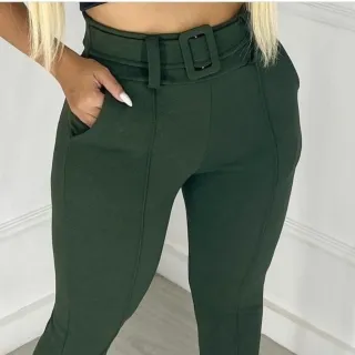 Malha Crepe Calça Feminina Skinny com Cinto Forrado - Cinza