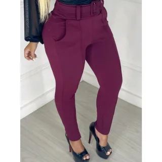 Malha Crepe Calça Feminina Skinny com Cinto Forrado - Cinza