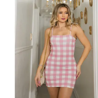 Barbiecore - Vestido Feminino Xadrez Rosa e Branco - P