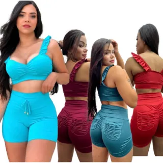 SHORT LEVANTA BUMBUM e CONJUNTO Fitness Feminino: Top para Academia - Bumbum Preto