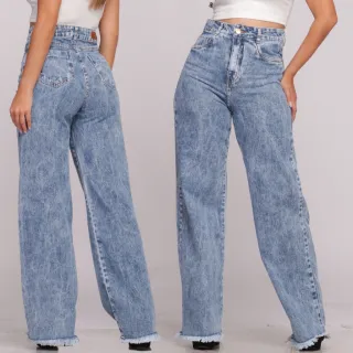 Calça Feminina Cintura Alta Wide Leg Jeans Pantalona - Azul Claro (Marmorizado)