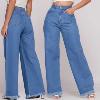 Calça Feminina Cintura Alta Wide Leg Jeans Pantalona - Azul Claro (Marmorizado)