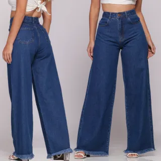 Calça Feminina Cintura Alta Wide Leg Jeans Pantalona - Azul Claro (Marmorizado)
