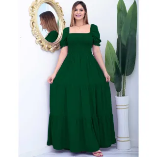 Vestido feminino longo manga curta com elástico - Azul Royal