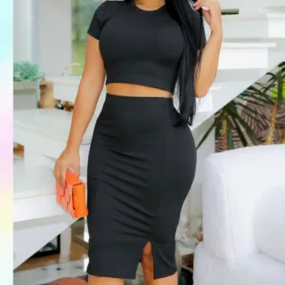 Malha Canelada Saia Feminina Midi Com Fenda Lateral Moda - Preto Canelada