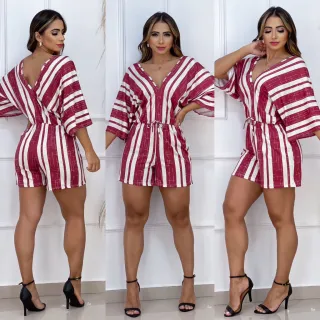 Moda feminina: Macaquinho curto listrado com gola V e manga flare - Verde com 2 listra