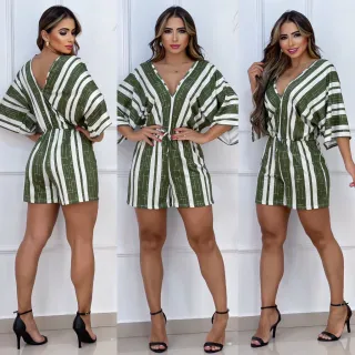 Moda feminina: Macaquinho curto listrado com gola V e manga flare - Verde com 2 listra