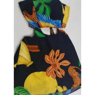 Vazado Estampado/Liso Macaquinho Curto Feminino - Azul