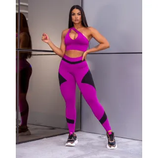Top conjunto fitness legging academia com bojo - Preto com rosa