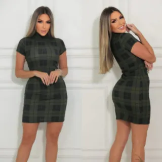 Várias Cores - Vestido Tubinho Midi Canelado Gola Alta Manguinha Xadrez - Vermelho