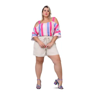 Shorts feminino com amarração em linho - Tamanhos do 44 ao 54 - Cru