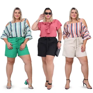 Shorts feminino com amarração em linho - Tamanhos do 44 ao 54 - Cru