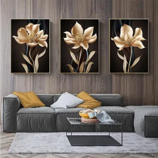 Mosaico Flor Dourada Preta: Kit Quadros Decorativos 3 Peças - 04