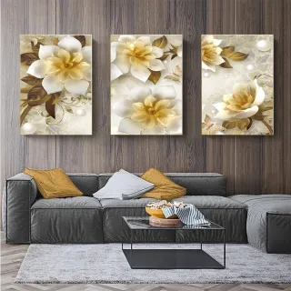 Mosaico Flor Dourada Preta: Kit Quadros Decorativos 3 Peças - 04