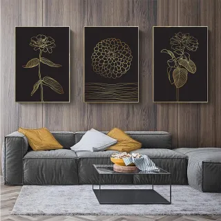 Mosaico Flor Dourada Preta: Kit Quadros Decorativos 3 Peças - 04