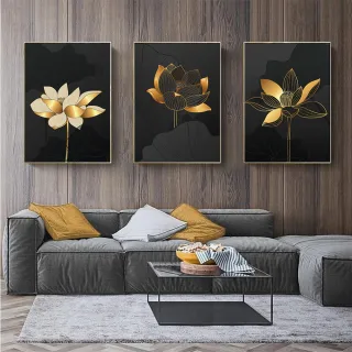 Mosaico Flor Dourada Preta: Kit Quadros Decorativos 3 Peças - 04