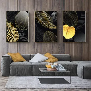 Mosaico Flor Dourada Preta: Kit Quadros Decorativos 3 Peças - 04