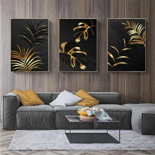 Mosaico Flor Dourada Preta: Kit Quadros Decorativos 3 Peças - 04