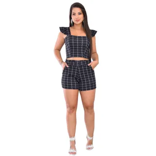 Croped e Short Xadrez Feminino: Conjunto com Bolso, Cinto Fake e Fivela - C.S PRETO2 xadrez