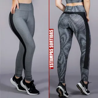 Leggings Femininas Fitness Lisas - Kit com 2 Calças (LG008) - 1 PRETA + 1 ESTAMPADA