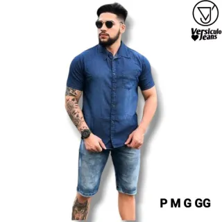 Camisa jeans manga curta em algodão - Blusa 100% algodão - CLARA
