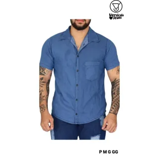 Camisa jeans manga curta em algodão - Blusa 100% algodão - CLARA
